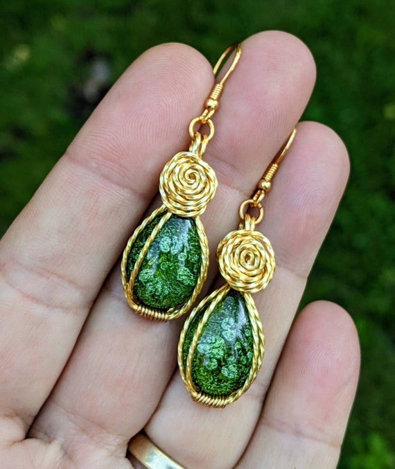Wire Wrapped Resin Earrings Green Gold Resin Earrings Unique