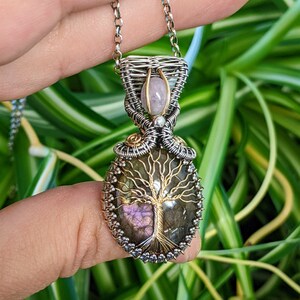 Wire Wrapped Pink Labradorite Pendant • Tree of Life Necklace • Sterling Silver & Gold-Filled • Kunzite Accent • Handmade Gift for Her