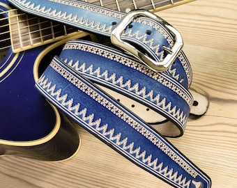 Blue Leather Guitar Strap - Handmade in France