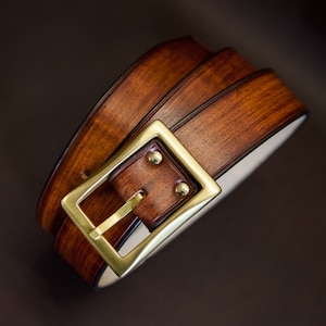 Brown leather belt for men solid brass buckle Handmade for you in France