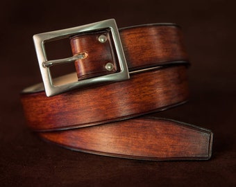 Ceinture cuir marron pour homme style denim réalisée à la main