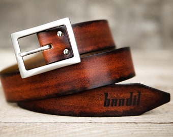 Brown leather belt for men handmade in France