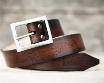 Dark brown leather belt for men handmade in France