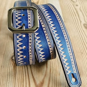 Blue Leather Guitar Strap - Handmade in France