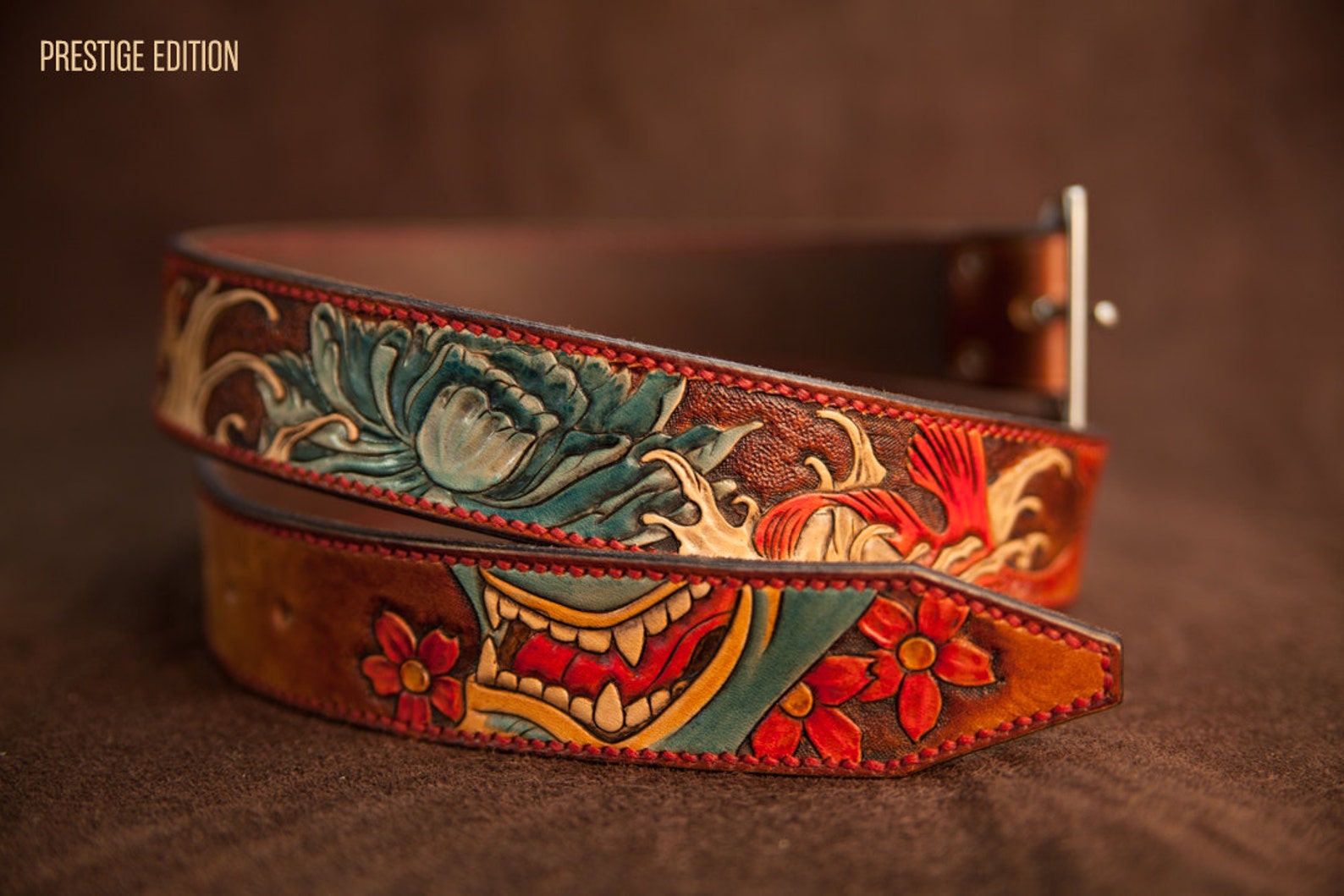 Leather belt japanese tattoo style carpe koi Etsy