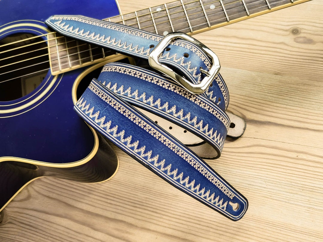 Blue Leather Guitar Strap Handmade in France Etsy