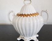 Victorian Ironstone Double Handle Lidded Sugar Bowl White With Gold