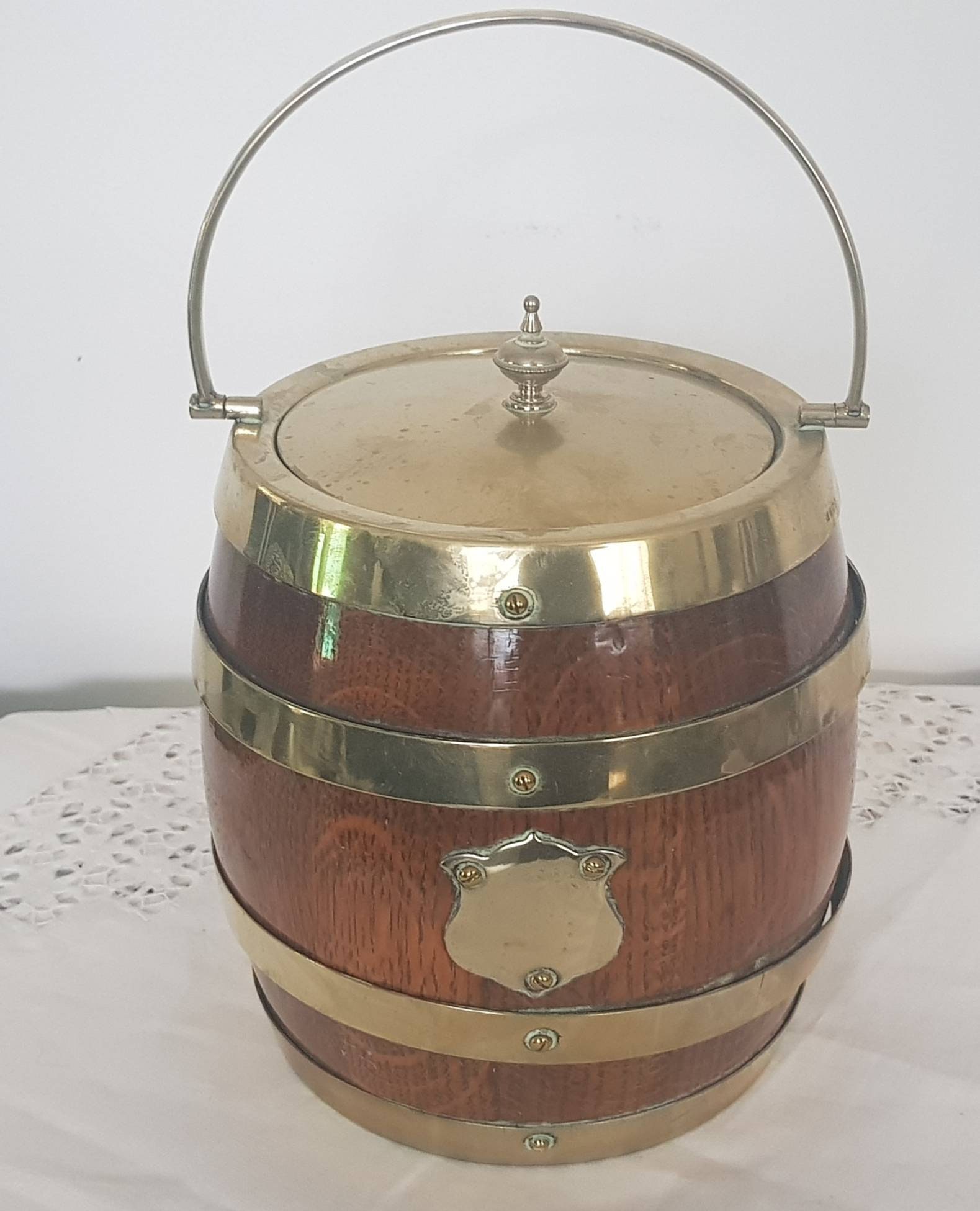 Vintage Biscuit Barrel Wood And EPNS Lid Brass Bands With Swing Handle