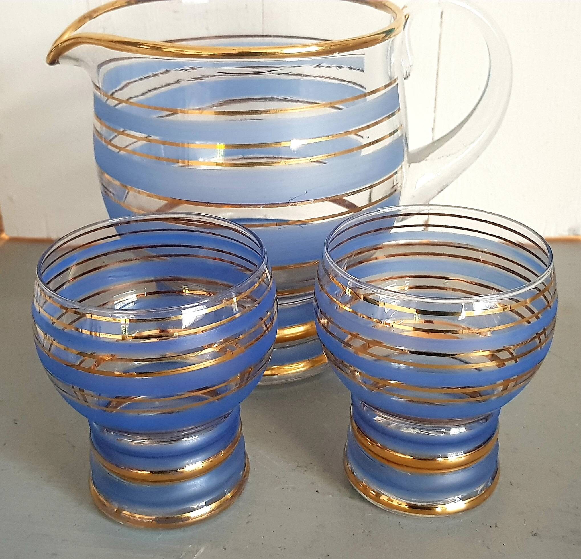 Retro/vintage Large Frosted Glass Jug Blue and Gold and 2 Frosted