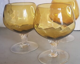 Set Of 3 Vintage  Blown  Amber Glass  Swirl Brandy Sniffers