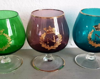 Napoleon Brandy glasses ,3 Monogrammed "N" Brandy glasses In Green Blue And Purple