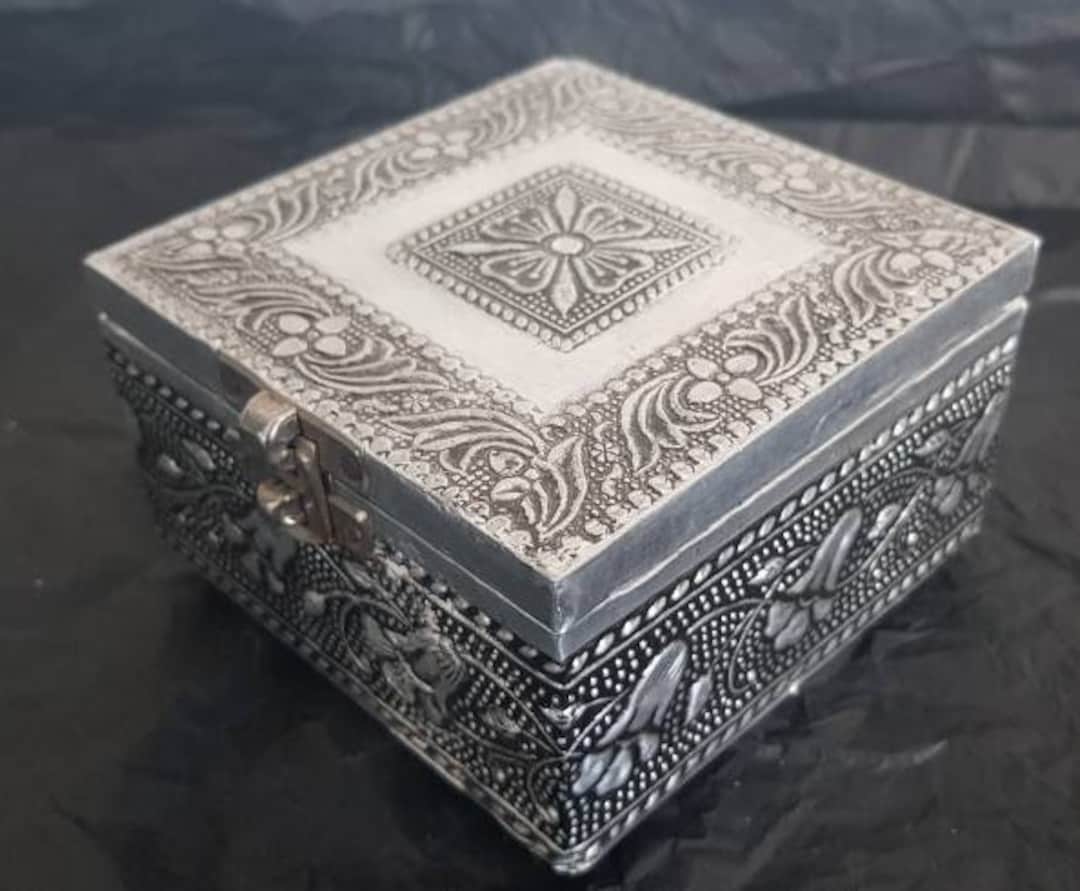 Hand Carved Wooden and Metal Embossed Jewelry Box , With Blue Velvet Lining Etsy