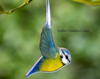 Fused Glass Blue Tit flying  Suncatcher Window Hanger
