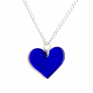 Sapphire blue fused glass heart pendant necklace and silver chain