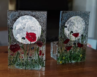 Fused Glass Poppy Tealight Holder - with moon or number