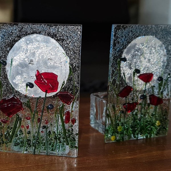 Fused Glass Poppy Tealight Holder - with moon or number