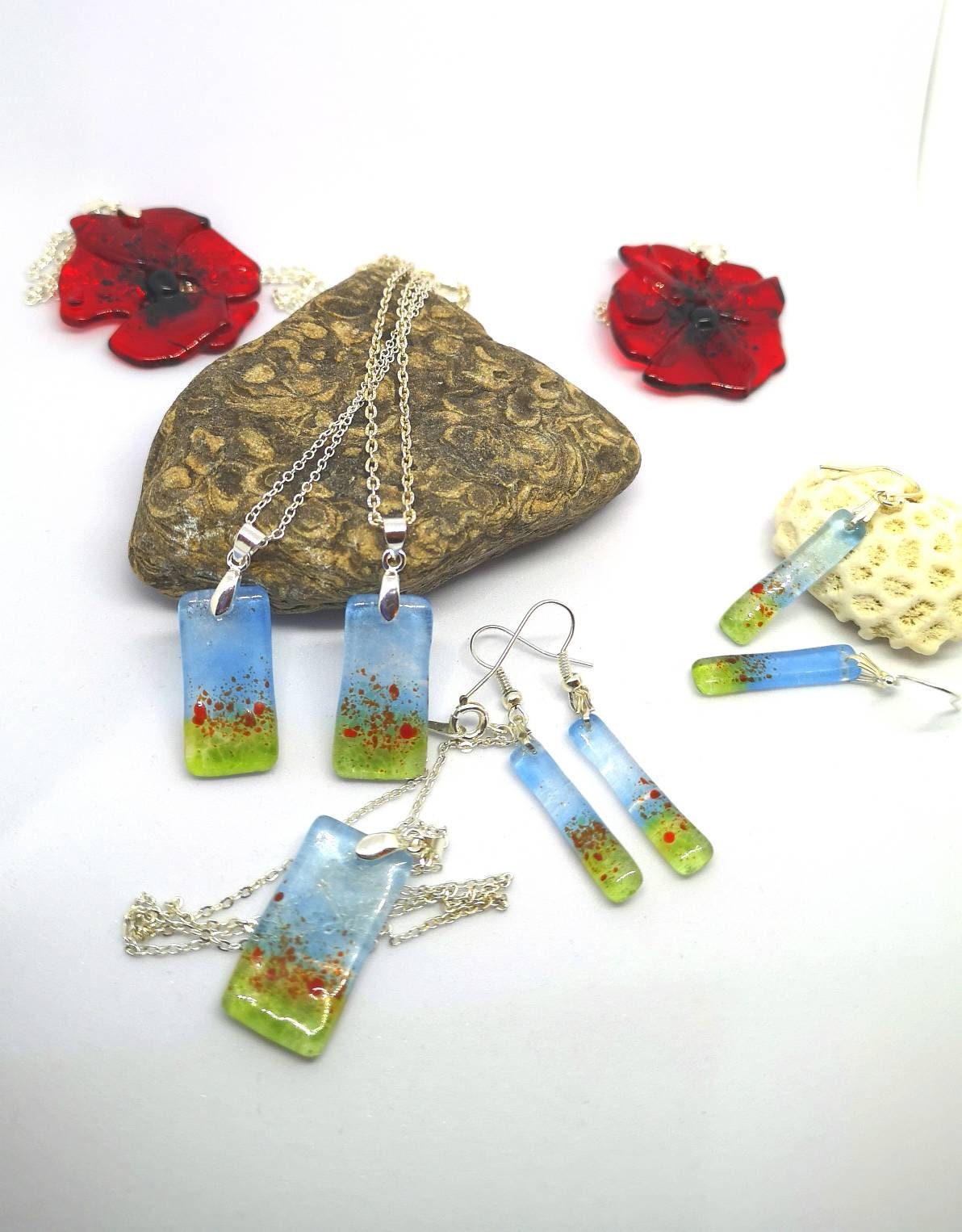 Fused Glass Poppy Meadow Pendant and Silver Chain - Etsy UK