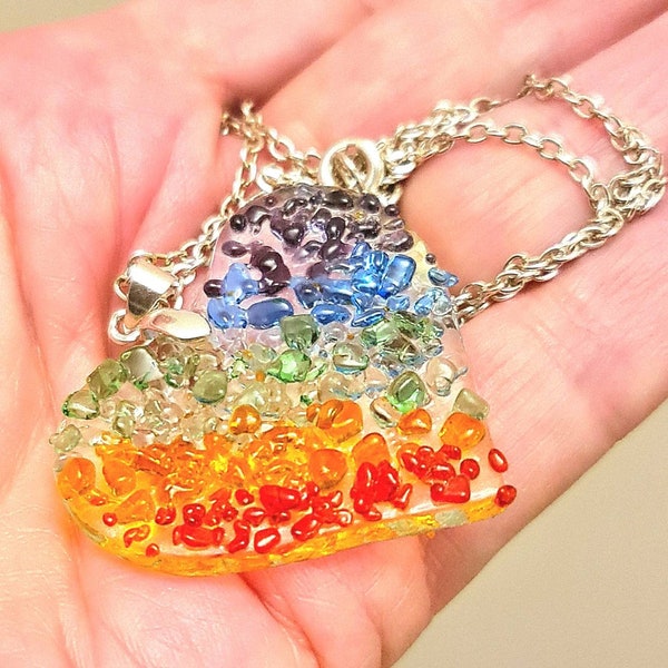 Rainbow droplets glass heart pendant and silver chain