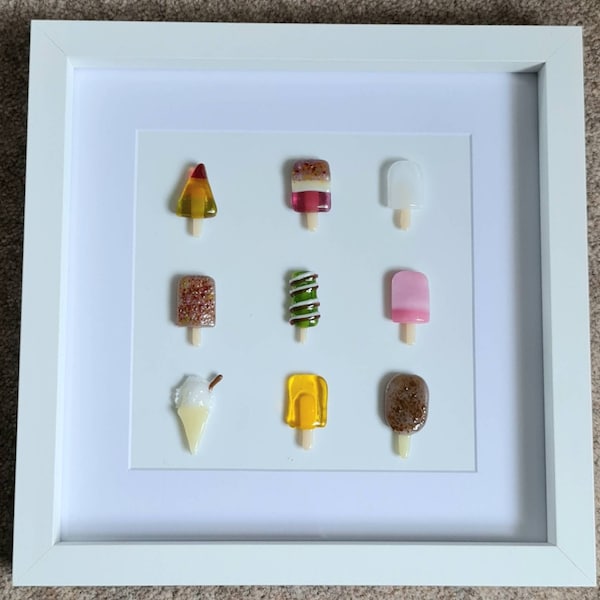 Fused glass ice lollies picture in a frame