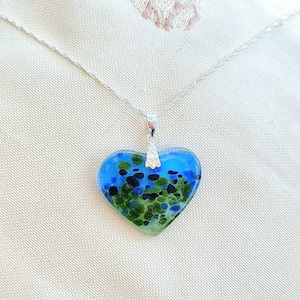 Fused glass bluebell meadow heart pendant and silver chain