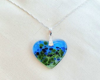 Fused glass bluebell meadow heart pendant and silver chain