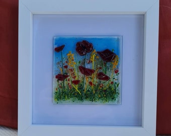 Poppy and cornfield fused glass framed picture