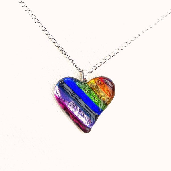 Rainbow glass heart pendant and silver chain