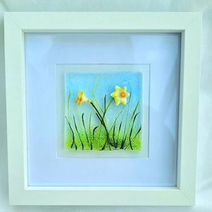 Fused glass daffodils picture in a frame