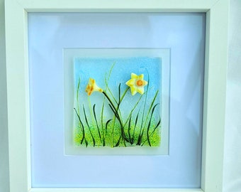 Fused glass daffodils picture in a frame