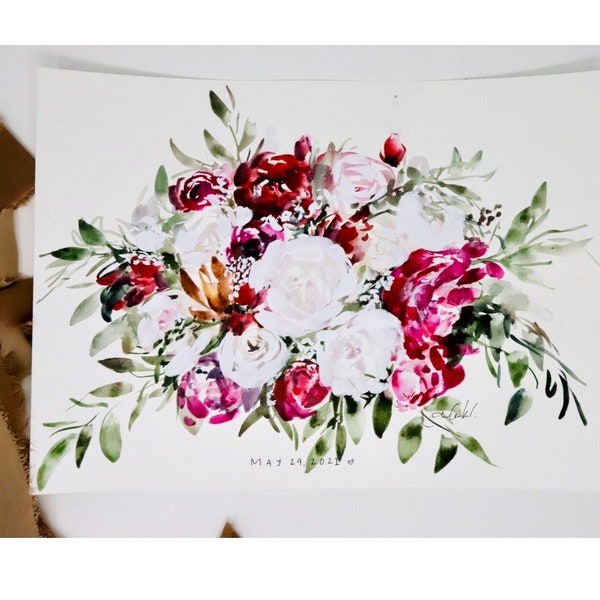 Tableau pour bouquet de mariée personnalisé, 11 x 14, art personnalisé, décoration d'intérieur, cadeau de mariage, art floral