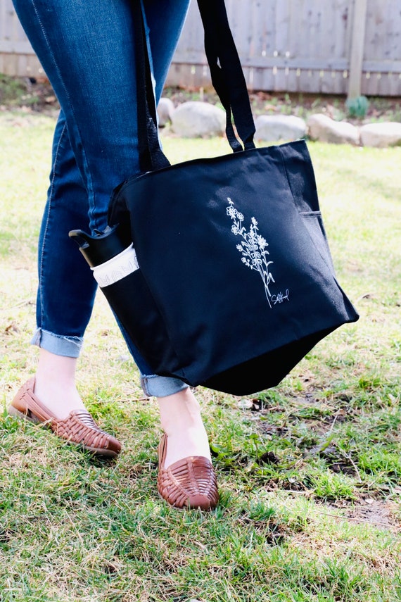 Black Floral Drawing Tote Bag Simple Modern Functional -  Norway