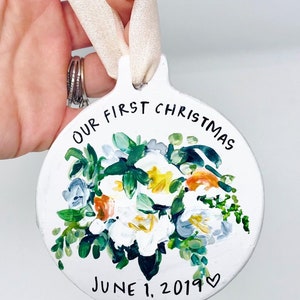 Custom Ornaments hand painted ornaments Our First Christmas, Custom Gifts Bridal Bouquet, House, Pet, Somogram or floral image 4