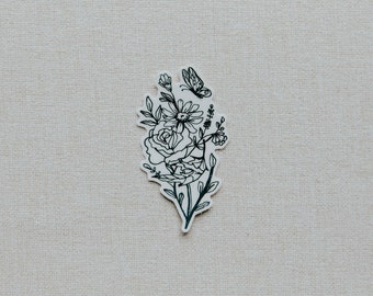 Small Floral Bouquet Temporary Line Tattoo with Butterfly