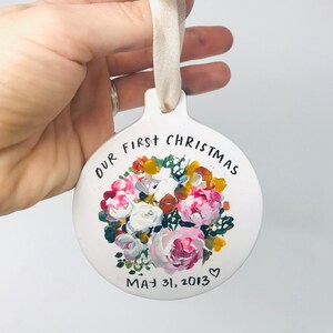 Custom Ornaments hand painted ornaments Our First Christmas, Custom Gifts Bridal Bouquet, House, Pet, Somogram or floral image 10