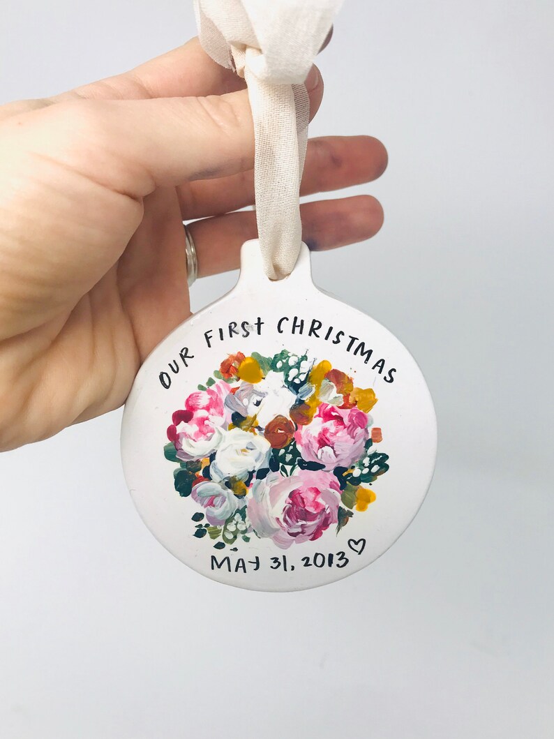 Custom Ornaments hand painted ornaments Our First Christmas, Custom Gifts Bridal Bouquet, House, Pet, Somogram or floral image 10