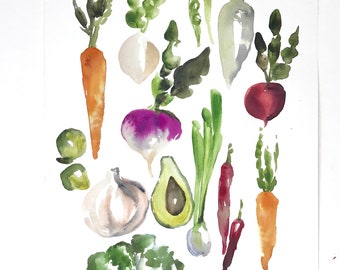 May include: Watercolor painting of various vegetables, including carrots, turnips, radishes, garlic, avocado, broccoli, and onions. The vegetables are painted in shades of green, purple, red, orange, and white.