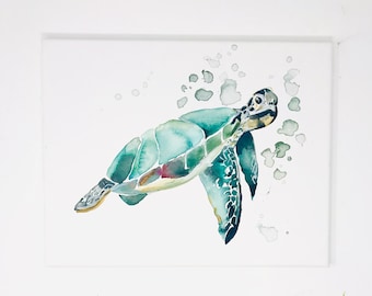 Coastal Collection- Sea Turtle Watercolor Print 11x14- Ocean Art
