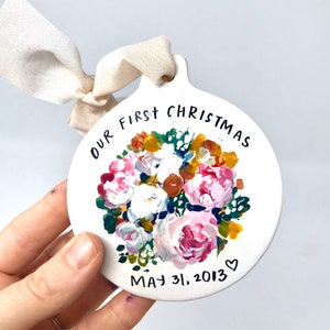 Custom Ornaments hand painted ornaments Our First Christmas, Custom Gifts Bridal Bouquet, House, Pet, Somogram or floral image 9