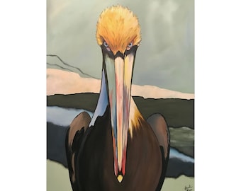 Brown Pelican Painting | Living Room Wall Decor | Seascape Painting | Coastal Animal Wall Art | Large Wall Art