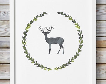 Deer Printable, Nursery Illustration, Animal Printable, Printable Wreath Decor, Christmas Printable, Holiday Printables, Holiday Cards,