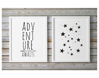 Kids Room, Nursery Illustration, Childrens Wall Art, Printable Nursery Art, Star Prints, Adventure Awaits, Black White Nursery Gallery Wall