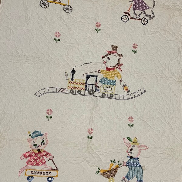 Adorable Vintage Hand Embroidered Cross Stitched Baby Blanket