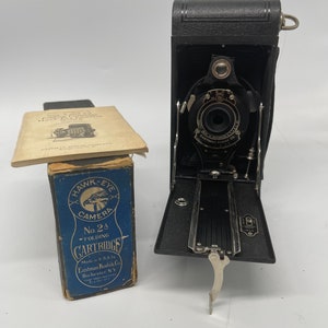 Antique Eastman Kodak No. 2A Folding Cartridge Hawk-Eye Camera - w/ Original Box and Instruction Booklet
