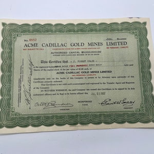 Vintage Acme Cadillac Gold Mines Limited Stock Certificate - 1937
