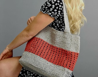 Bolso rústico de crochet de rafia roja y gris con base de cuero genuino