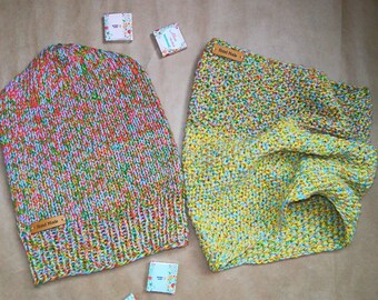 Beanie hat and cowl, handmade multicolor children's set, cotton hat, spring set, beanie baby boy, benie baby girl