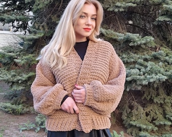 Short Beige Chunky Cardigan for Women, Size S, Cozy Hand-Knitted Fluffy Sweater