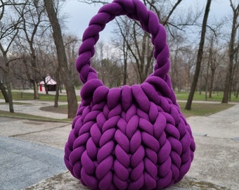 Handmade Chunky Yarn Bag - Purple Knit Tote, Women's Shoulder Bag