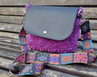 Faux Fur & Leather Accent Crossbody Bag - Knitted Purple Shoulder Bag - Handmade Exclusive Design