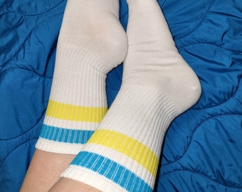 White socks with the flag of Ukraine, Ukrainian socks, Flag of Ukraine socks, Ukrainian socks with a yellow-blue flag